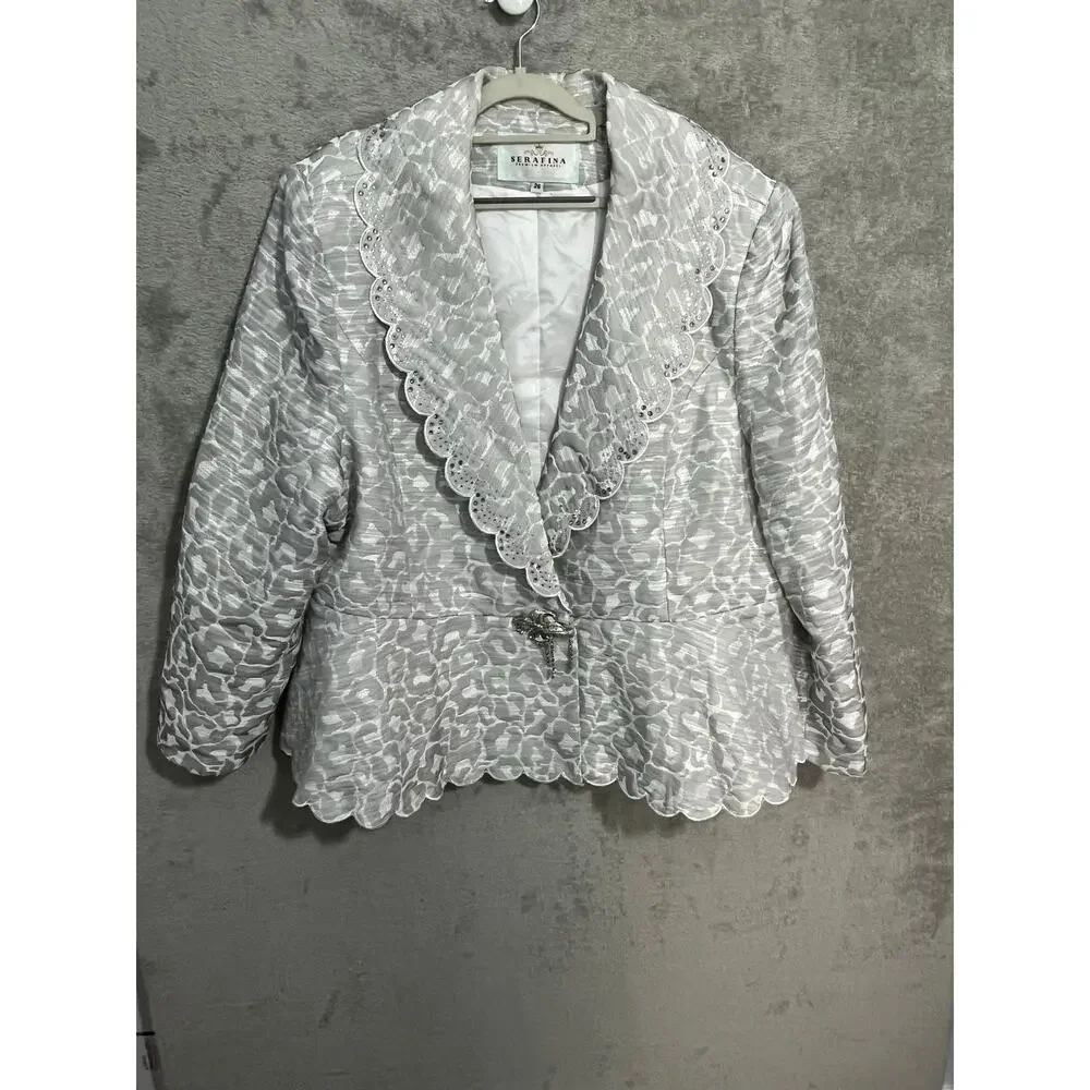 Serafina Brocade Church Suit Size 26 Silver Floral Peplum Sequin Mother of Bride